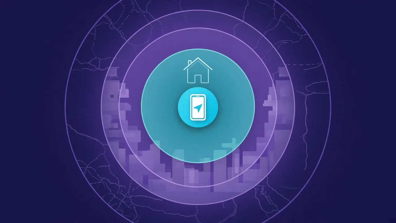 Diagramm mit drei Reichweiten um einen Tracker: ein Telefon in der Nähe, ein Haus und eine ganze Stadt