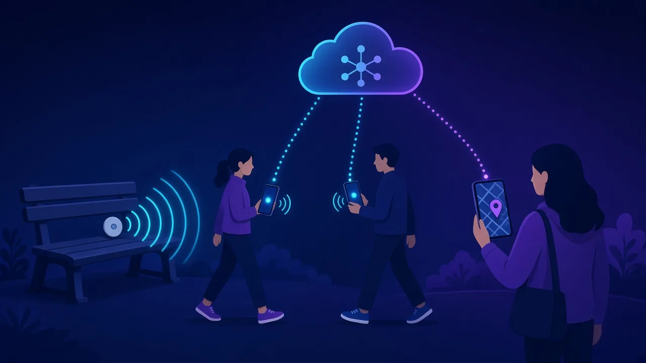 Diagramm: Ein Tracker auf einer Bank übermittelt seinen Standort über vorbeikommende Telefone an den Besitzer