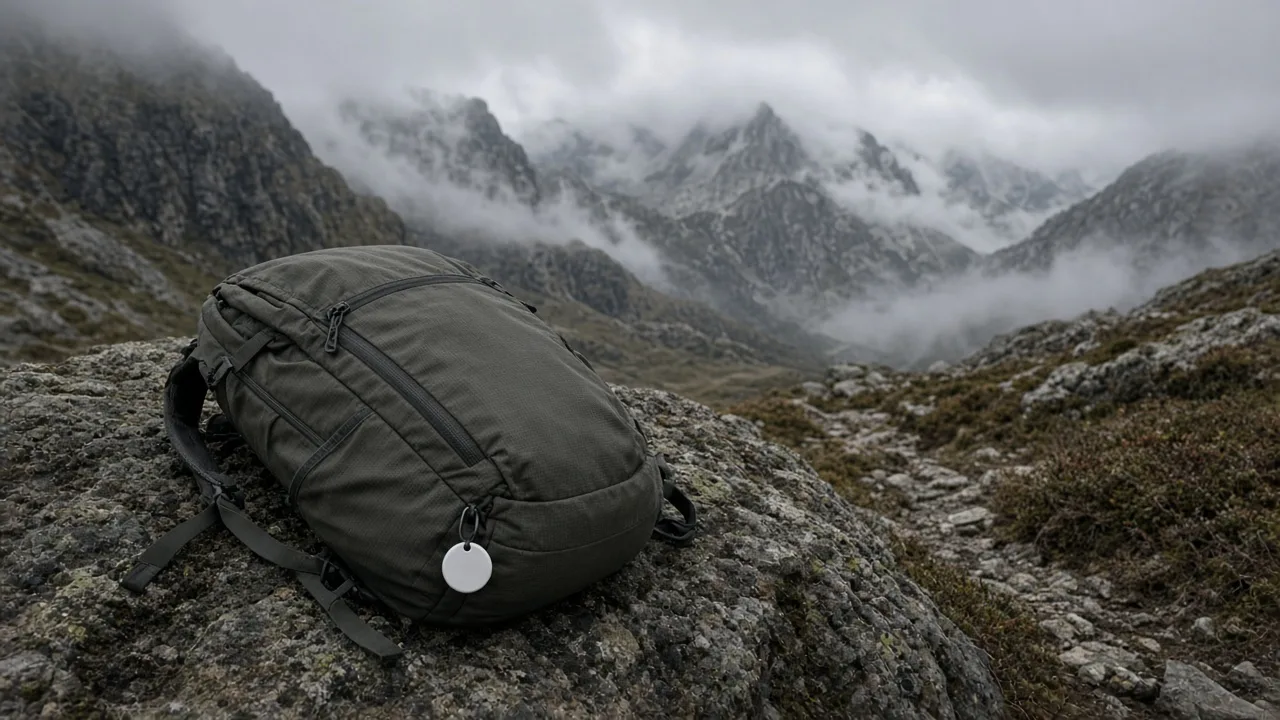 Rucksack mit einem angeklippten Tracker auf einem Felsen neben einem leeren Bergpfad