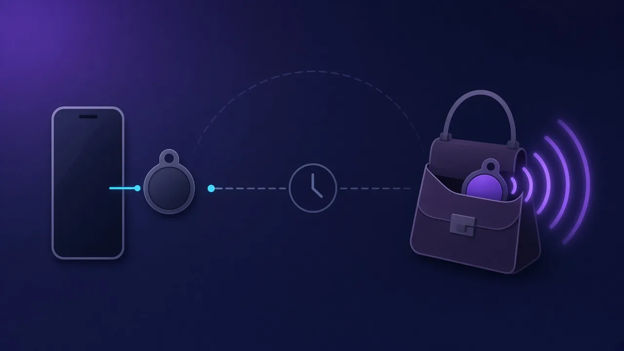 Diagramm: Ein Telefon und ein AirTag sind verbunden, die Verbindung reißt ab, eine Uhr zeigt verstreichende Zeit, dann sendet der AirTag in einer Handtasche Schallwellen aus